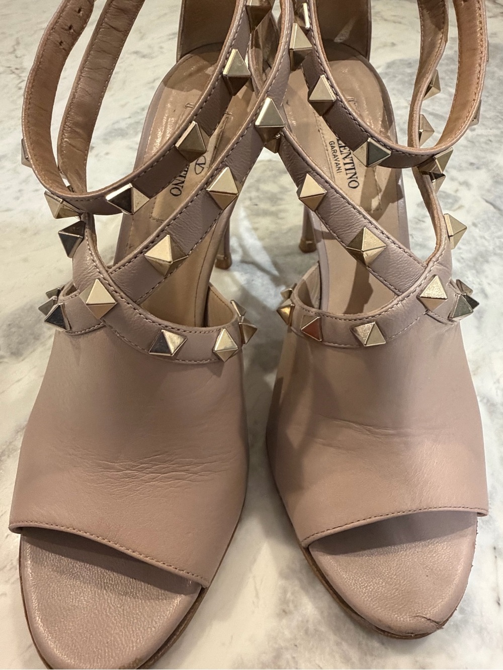 Valentino Studded Strappy Leather Heels in Nude Pink and Gold